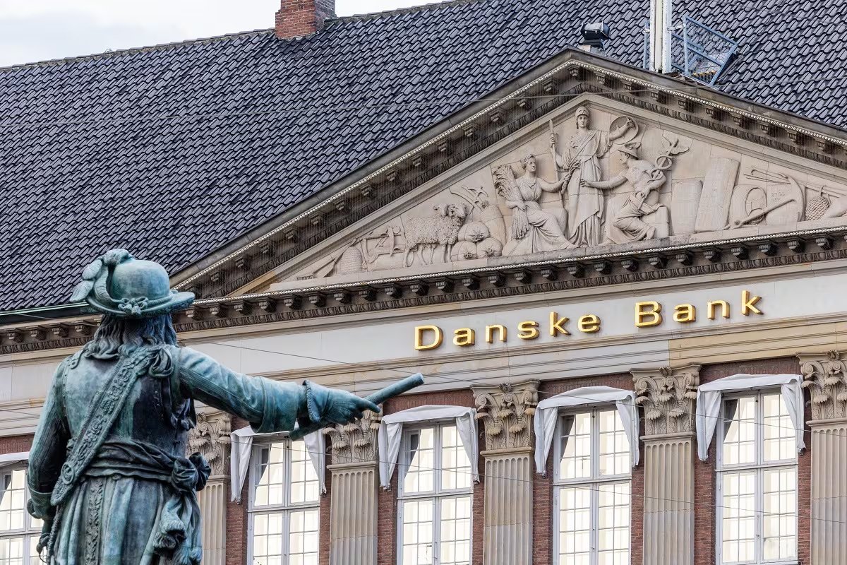 Danske Bank facade with bronze statue in foreground