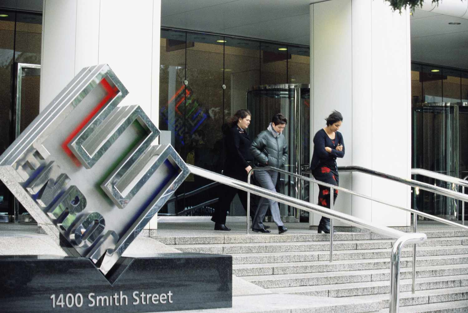 Enron tilted E logo and entrance at 1400 Smith Street in Houston
