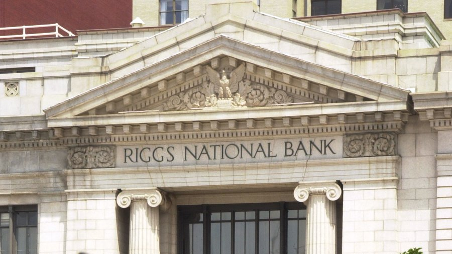 Stone facade of Riggs National Bank with eagle pediment and Ionic columns
